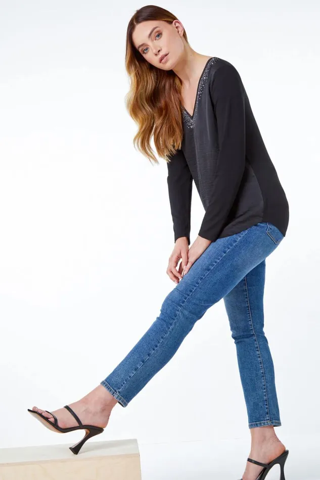Women Black VNeck Satin Front Embellished Tunic Top Roman Tops