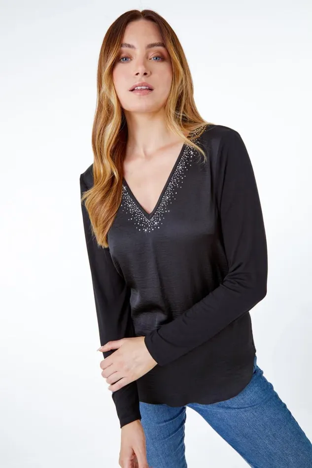 Women Black VNeck Satin Front Embellished Tunic Top Roman Tops