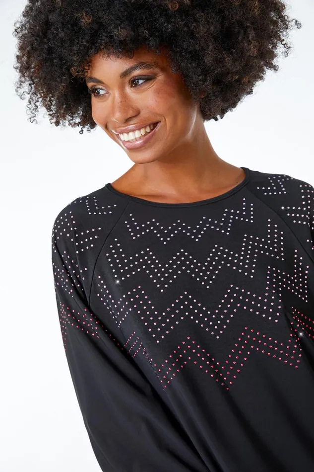 Women Black Zig Zag Embellished Oversized Top Roman Tops