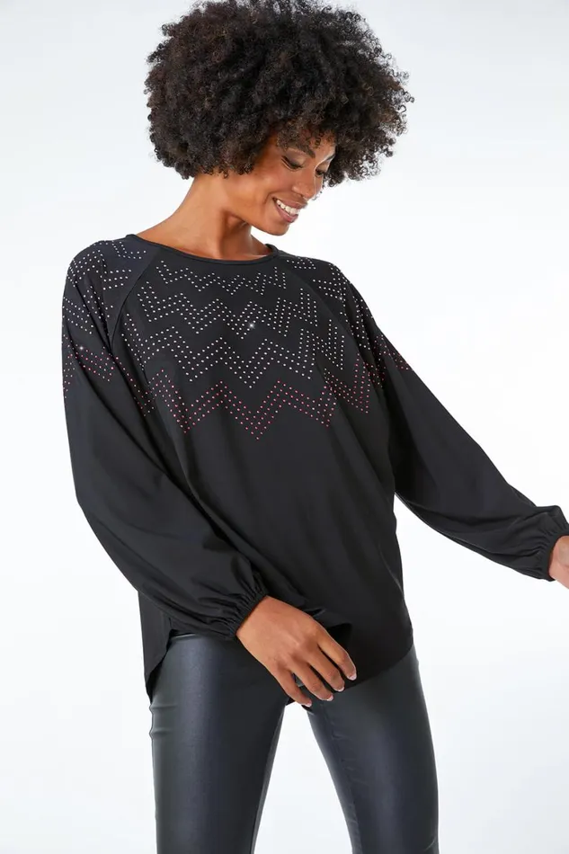 Women Black Zig Zag Embellished Oversized Top Roman Tops