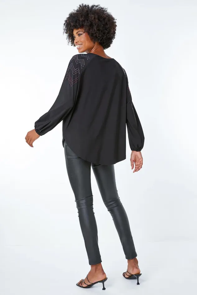 Women Black Zig Zag Embellished Oversized Top Roman Tops