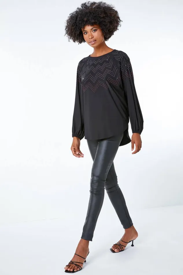 Women Black Zig Zag Embellished Oversized Top Roman Tops