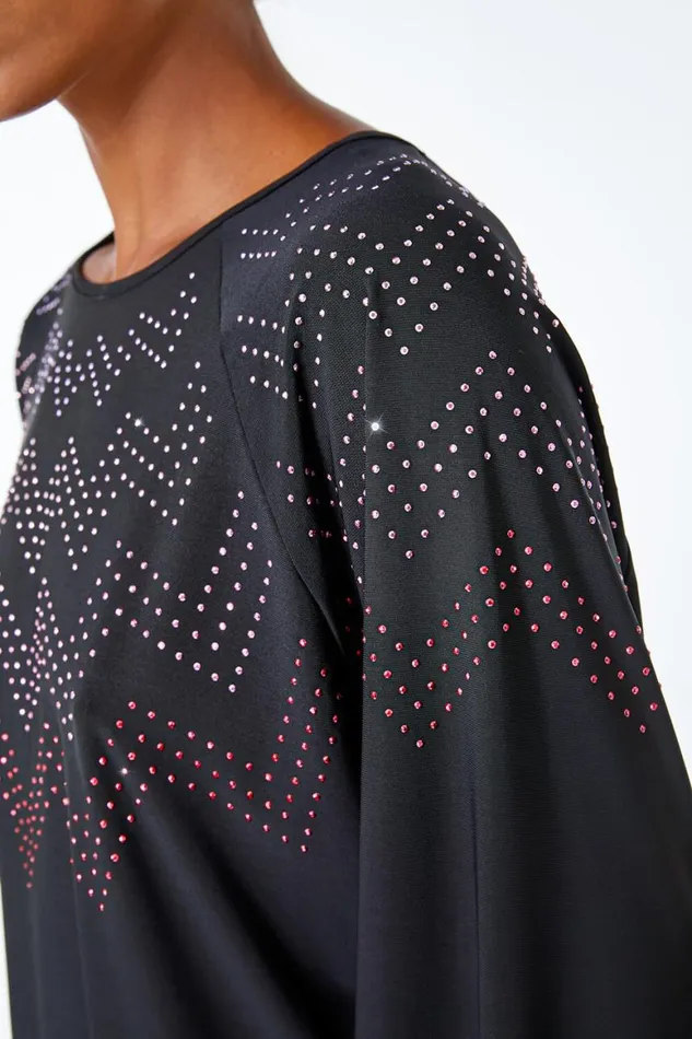 Women Black Zig Zag Embellished Oversized Top Roman Tops