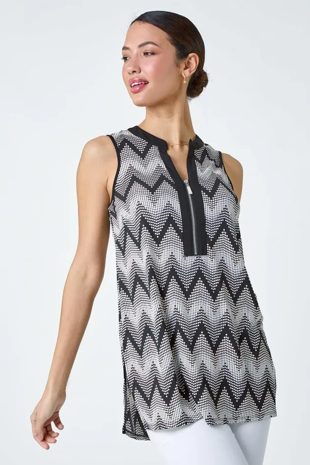 Women Black Zip Neck Chevron Puff Print VNeck Top Roman Tops