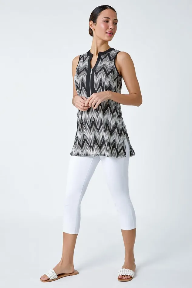 Women Black Zip Neck Chevron Puff Print VNeck Top Roman Tops
