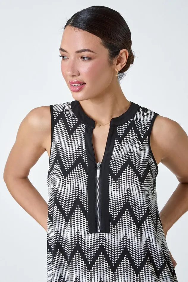 Women Black Zip Neck Chevron Puff Print VNeck Top Roman Tops