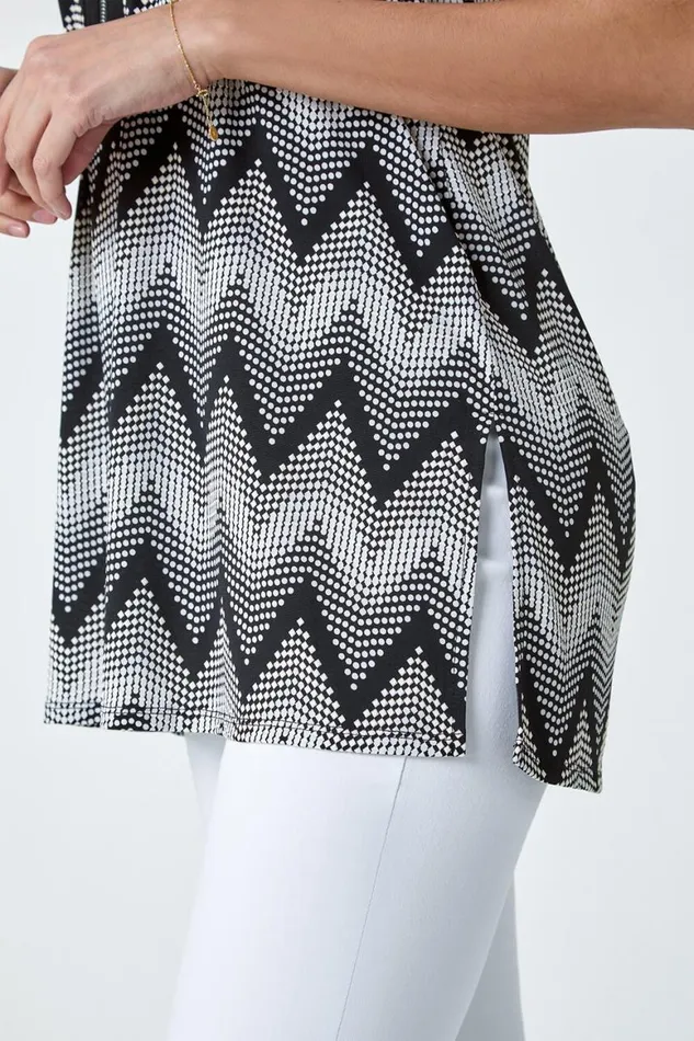 Women Black Zip Neck Chevron Puff Print VNeck Top Roman Tops