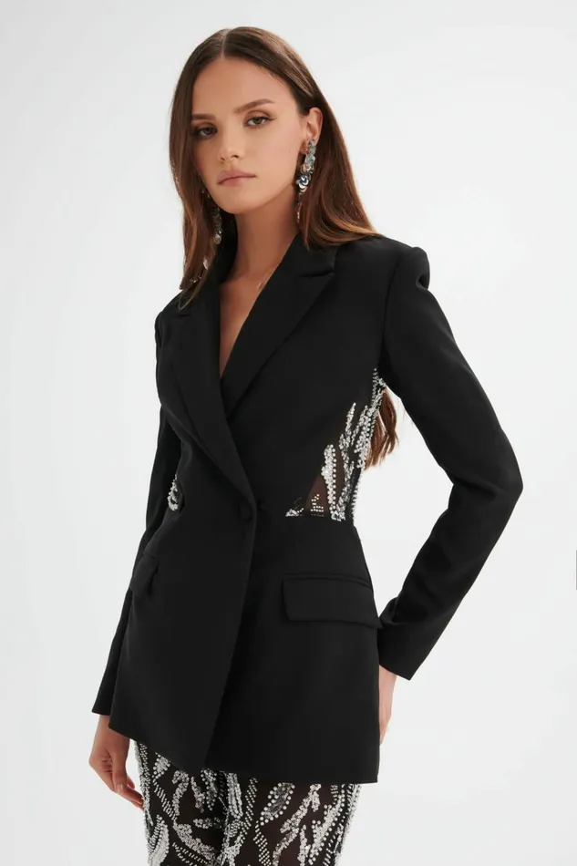 Women Blazers Lavish Alice LEXY Embellished Mesh Back Blazer In Black Black