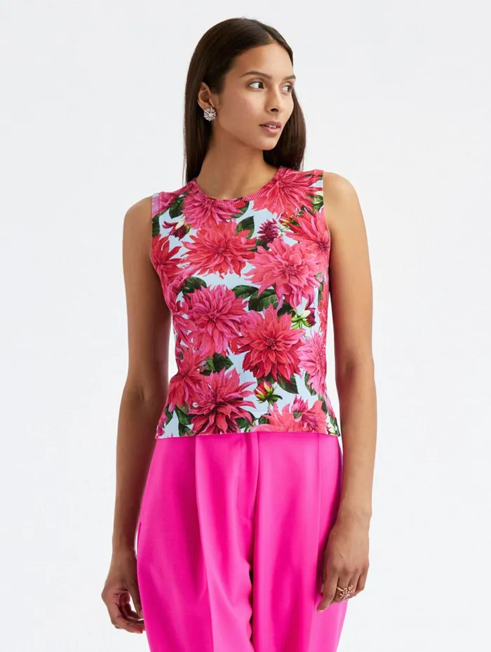 Women Blouses and Knits Oscar De La Renta Dahlia Printed Tank Fuchsiablue