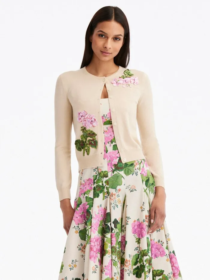 Women Blouses and Knits Oscar De La Renta Geranium Threadwork Cardigan Beige