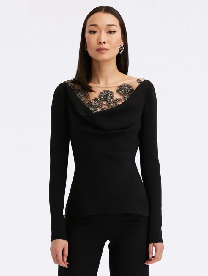 Women Blouses and Knits Oscar De La Renta Morning Glory Crystal Cowl Neck Blouse Black