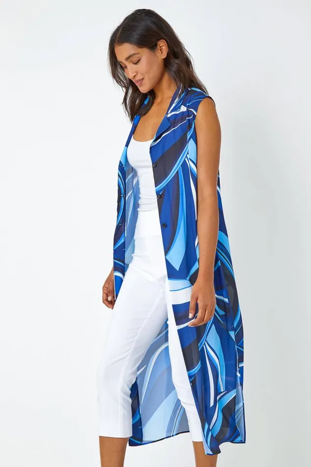 Women Blue Abstract Print Longline Button Blouse Roman Tops