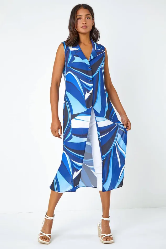 Women Blue Abstract Print Longline Button Blouse Roman Tops