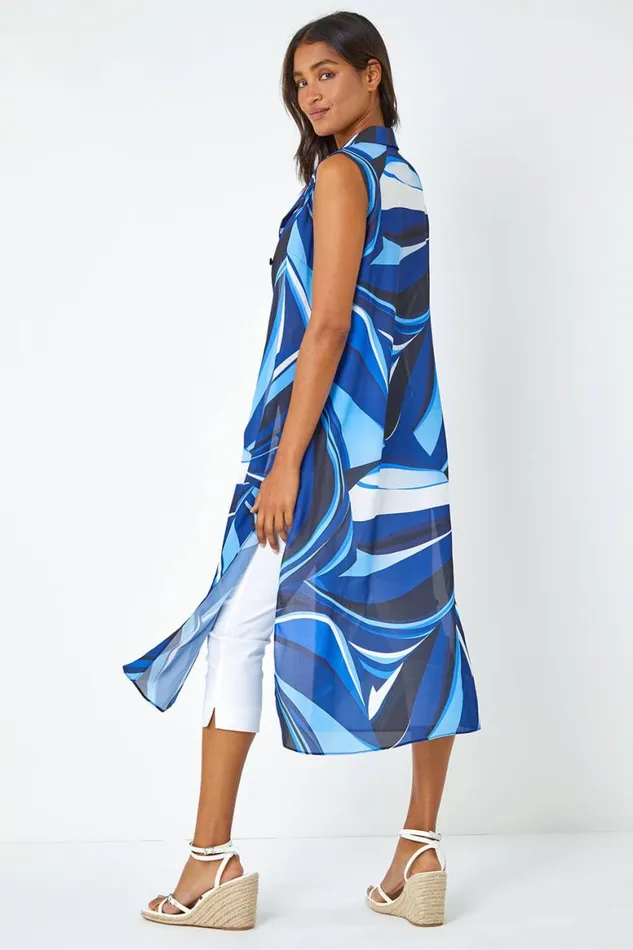 Women Blue Abstract Print Longline Button Blouse Roman Tops