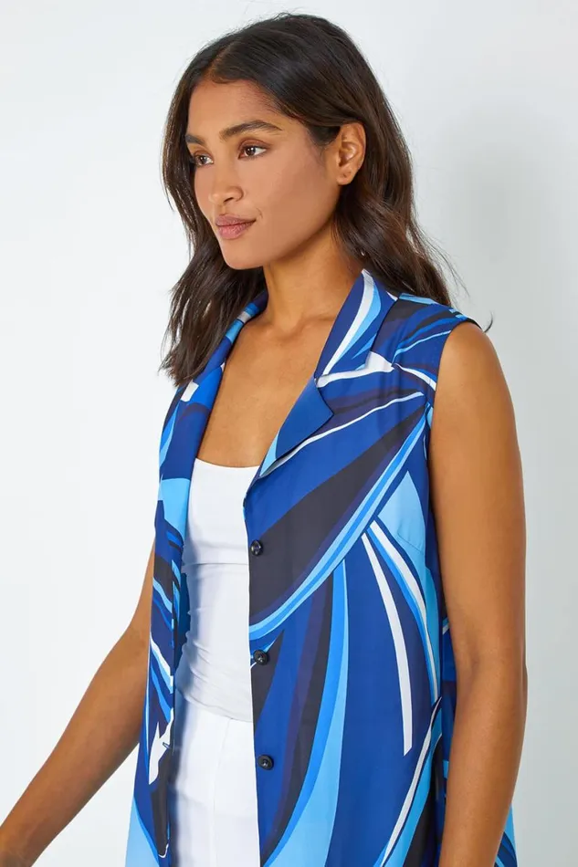 Women Blue Abstract Print Longline Button Blouse Roman Tops
