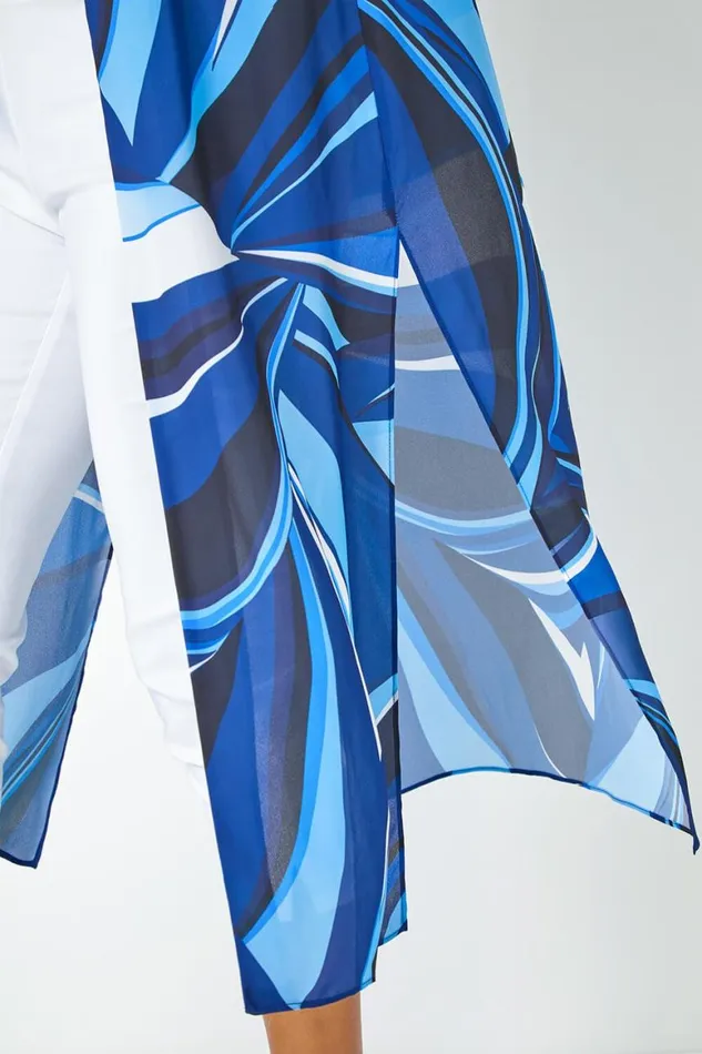 Women Blue Abstract Print Longline Button Blouse Roman Tops