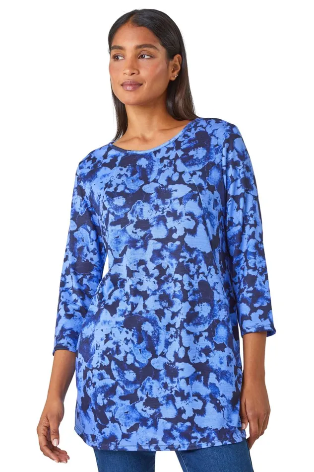 Women Blue Abstract Print Stretch Swing Tunic Roman Tops