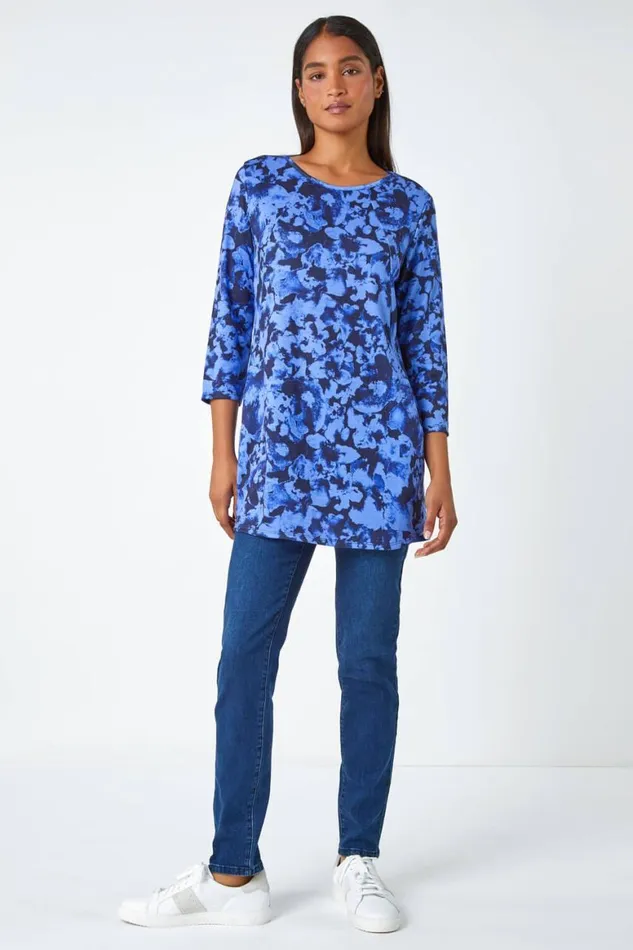 Women Blue Abstract Print Stretch Swing Tunic Roman Tops