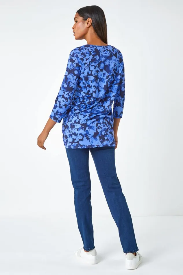 Women Blue Abstract Print Stretch Swing Tunic Roman Tops