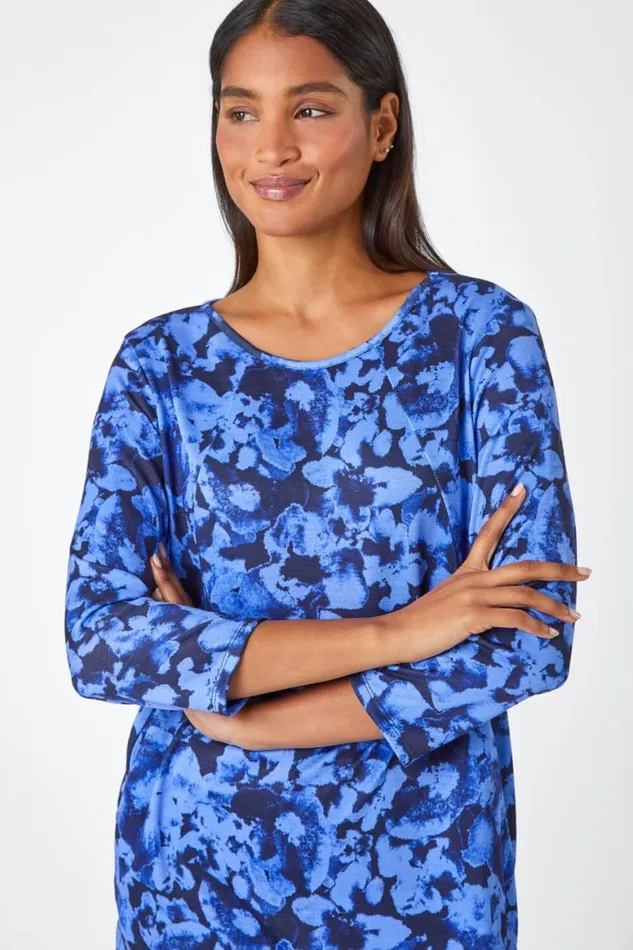 Women Blue Abstract Print Stretch Swing Tunic Roman Tops