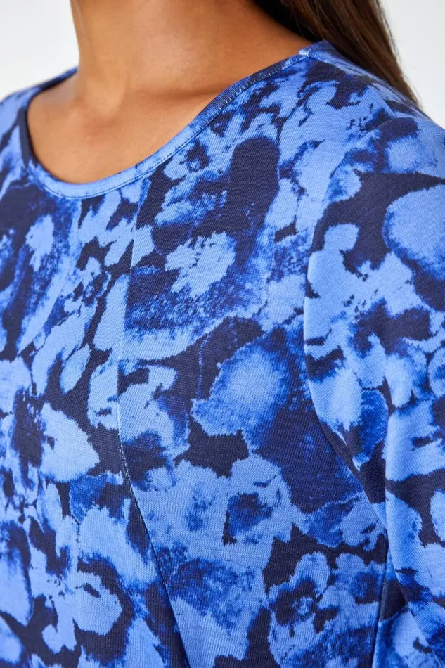 Women Blue Abstract Print Stretch Swing Tunic Roman Tops