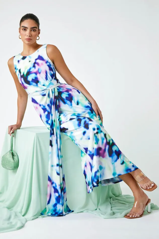 Women Blue Abstract Print Twist Drape Ruched Maxi Dress Roman Dresses
