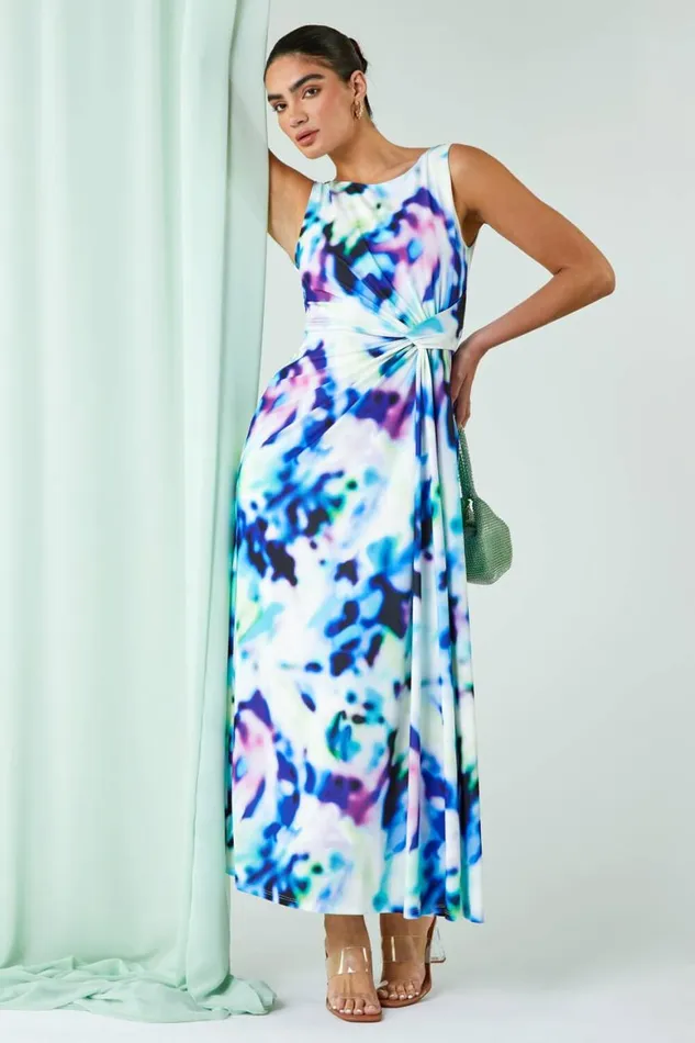 Women Blue Abstract Print Twist Drape Ruched Maxi Dress Roman Dresses