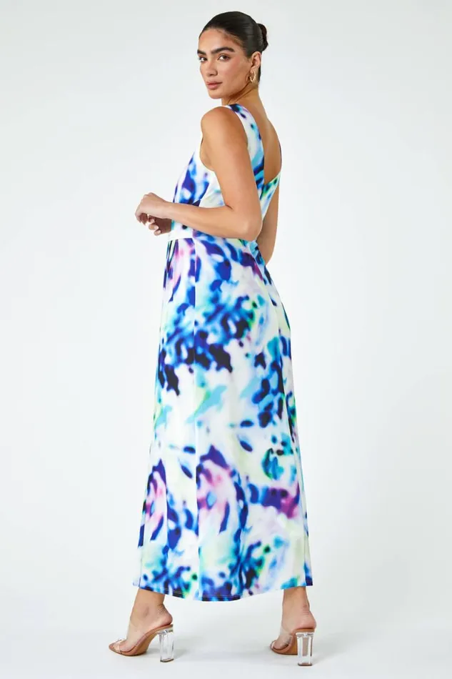 Women Blue Abstract Print Twist Drape Ruched Maxi Dress Roman Dresses