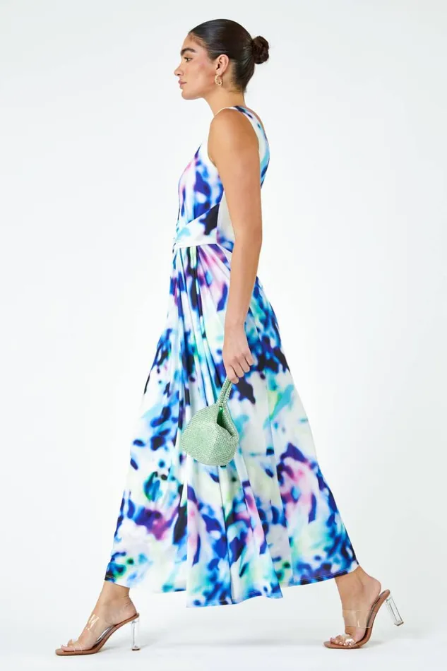 Women Blue Abstract Print Twist Drape Ruched Maxi Dress Roman Dresses