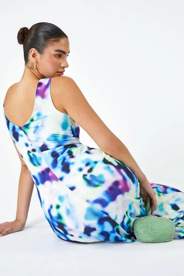 Women Blue Abstract Print Twist Drape Ruched Maxi Dress Roman Dresses