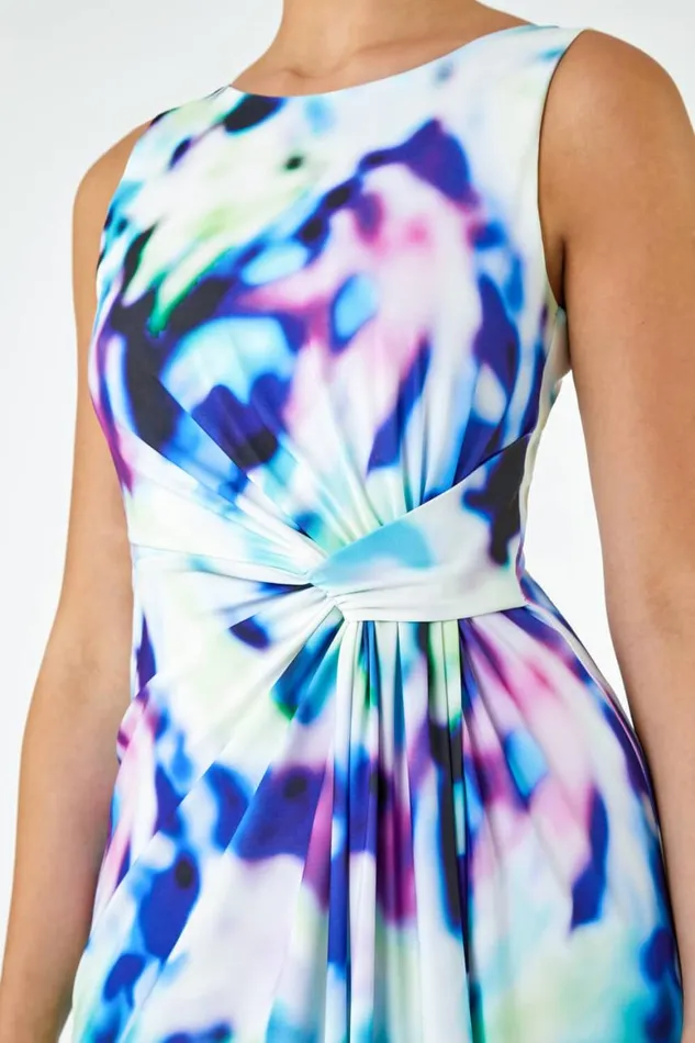 Women Blue Abstract Print Twist Drape Ruched Maxi Dress Roman Dresses
