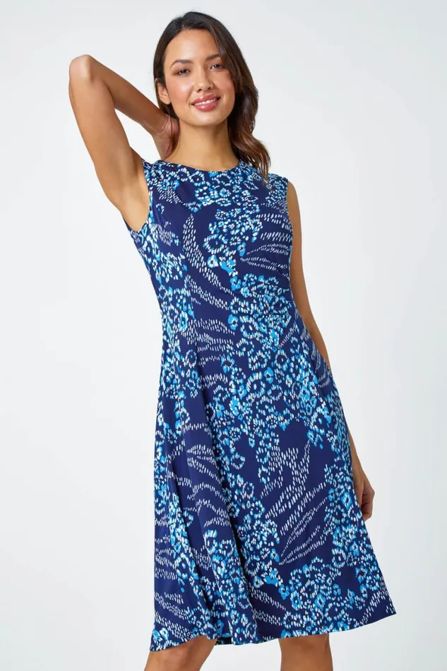 Women Blue Animal Textured Puff Print Stretch Dress Roman Dresses