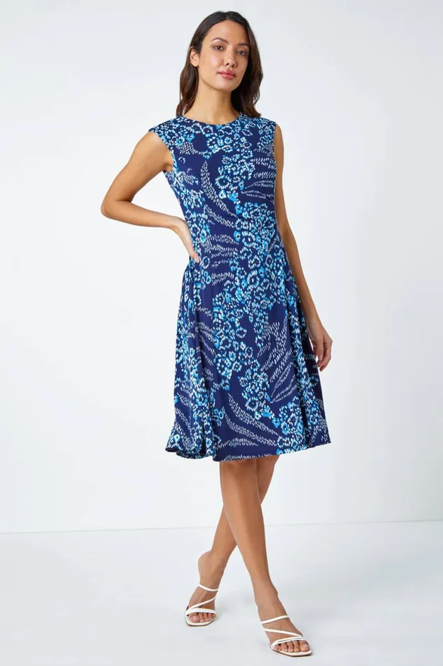 Women Blue Animal Textured Puff Print Stretch Dress Roman Dresses