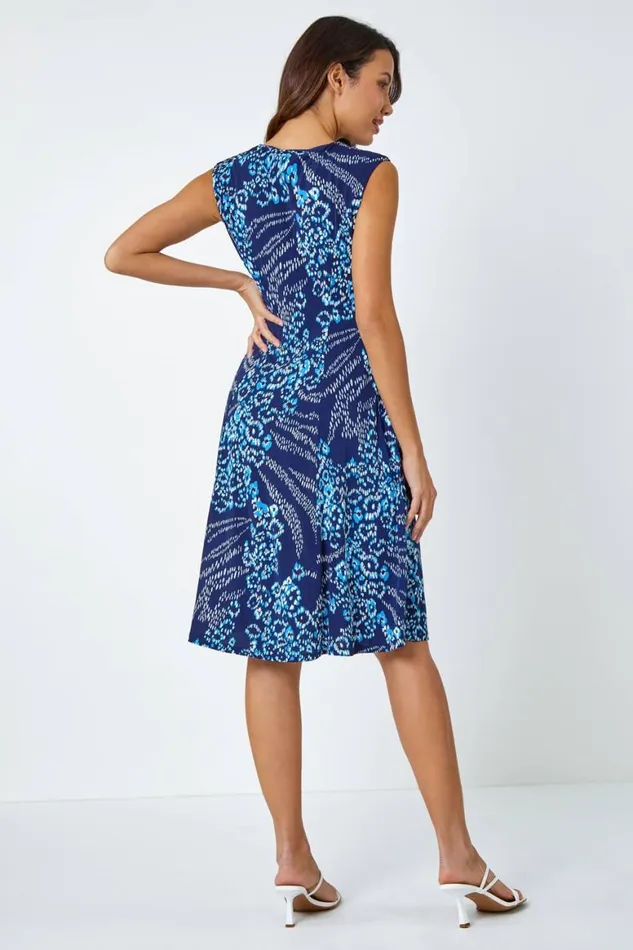 Women Blue Animal Textured Puff Print Stretch Dress Roman Dresses