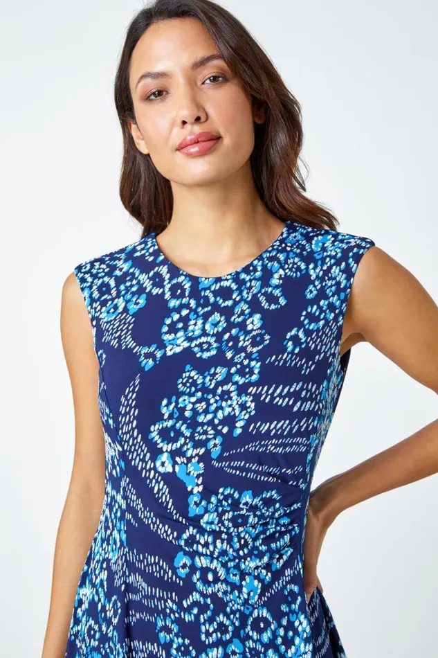 Women Blue Animal Textured Puff Print Stretch Dress Roman Dresses