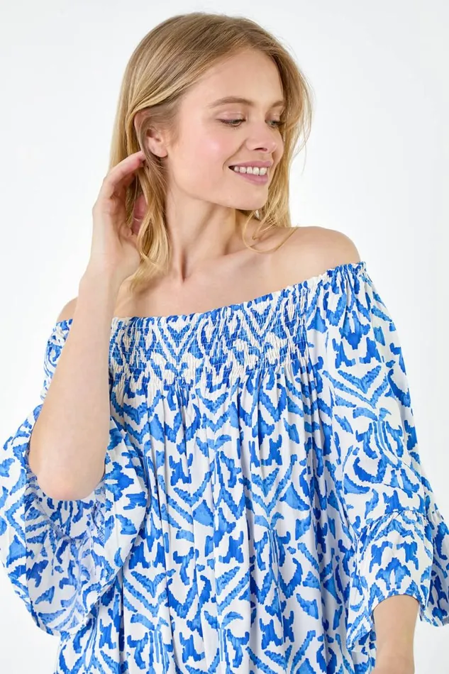 Women Blue Aztec Print Shirred Stretch Bardot Top Roman Tops