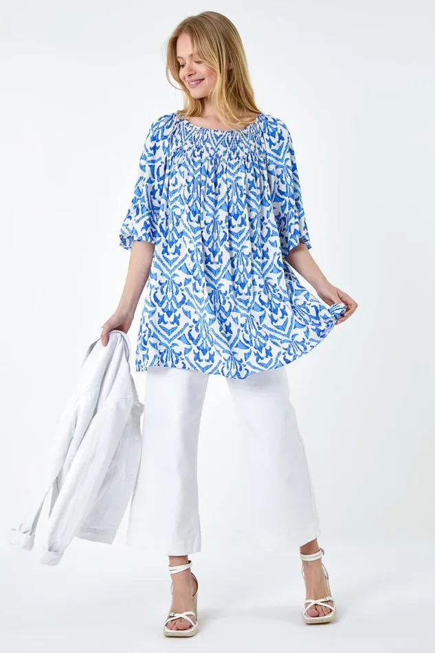 Women Blue Aztec Print Shirred Stretch Bardot Top Roman Tops