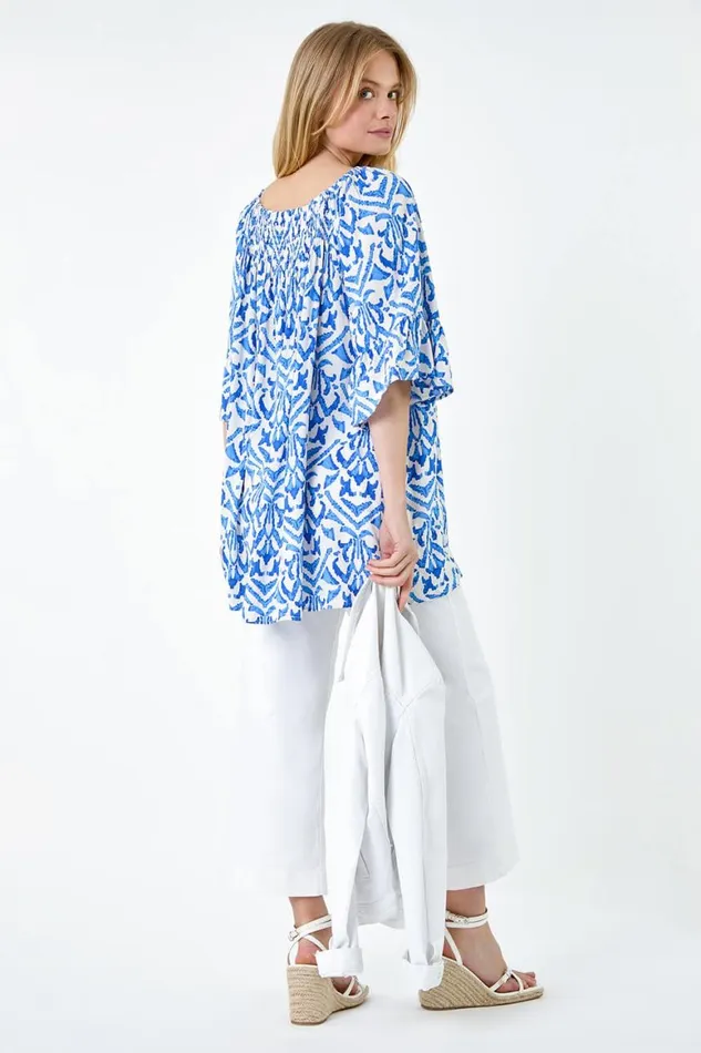 Women Blue Aztec Print Shirred Stretch Bardot Top Roman Tops