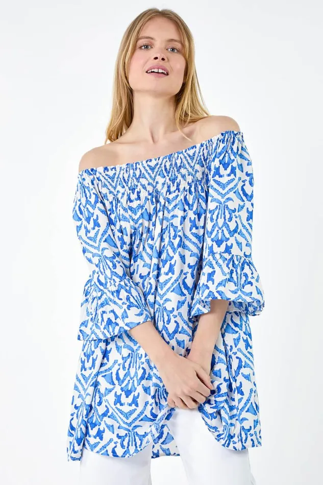 Women Blue Aztec Print Shirred Stretch Bardot Top Roman Tops