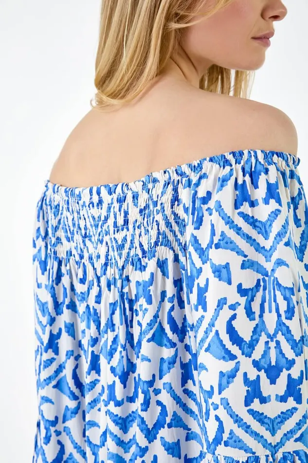 Women Blue Aztec Print Shirred Stretch Bardot Top Roman Tops