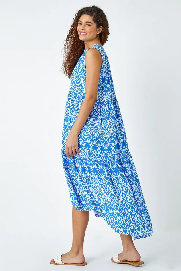 Women Blue Aztec Tiered Smock Midi Dress Roman Dresses
