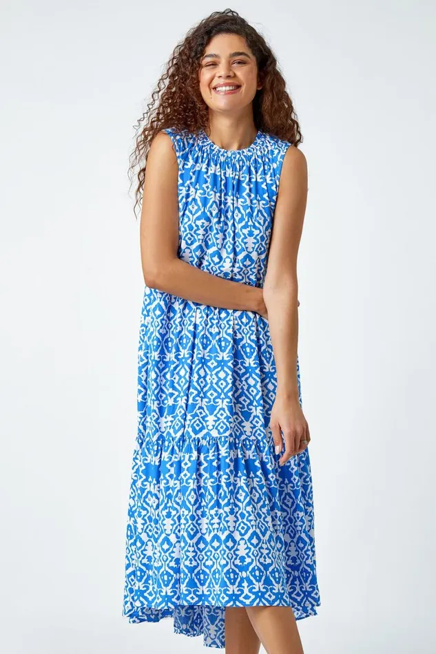 Women Blue Aztec Tiered Smock Midi Dress Roman Dresses