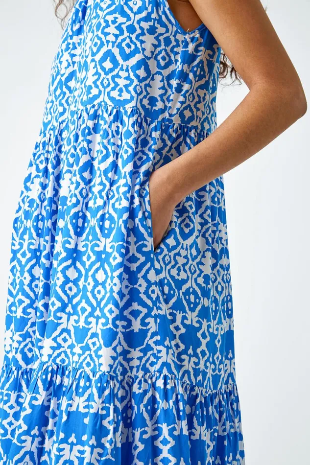 Women Blue Aztec Tiered Smock Midi Dress Roman Dresses