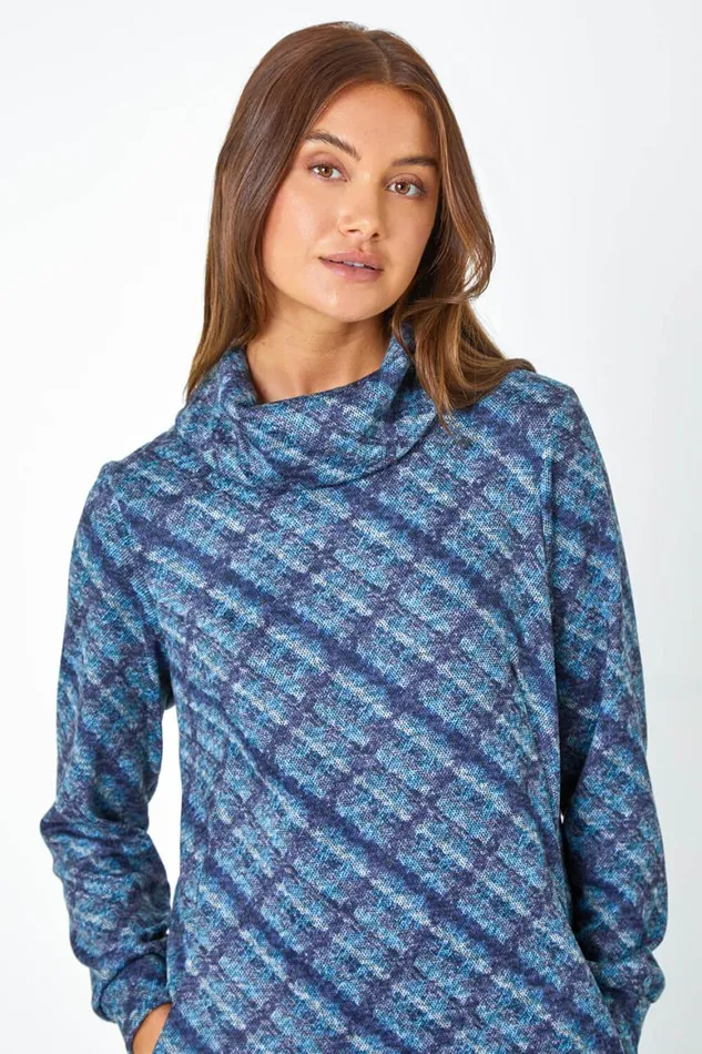 Women Blue Checked Cowl Neck Stretch Dress Roman Dresses