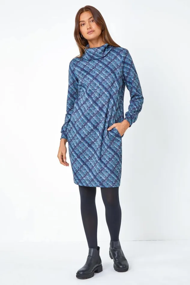 Women Blue Checked Cowl Neck Stretch Dress Roman Dresses