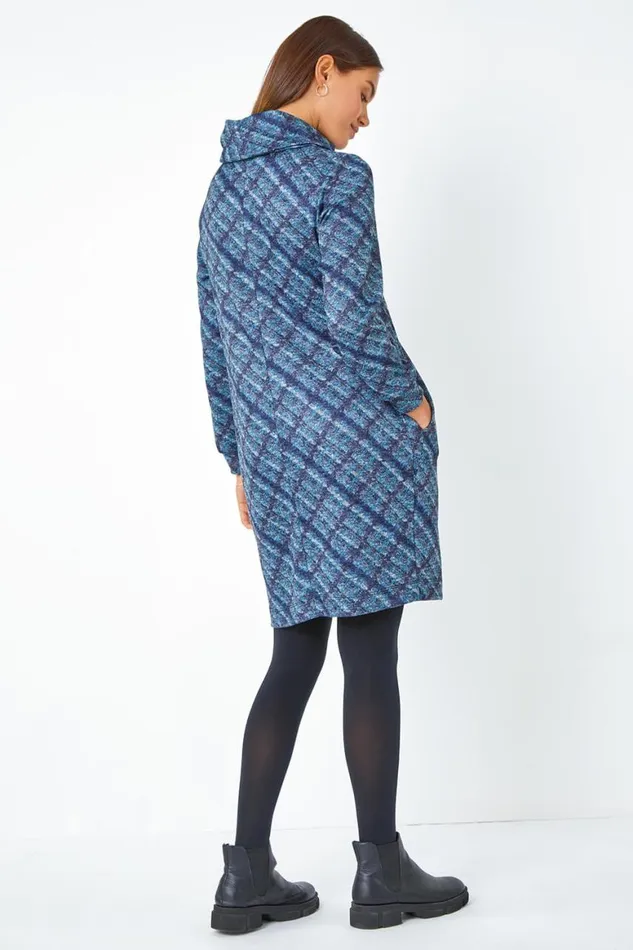Women Blue Checked Cowl Neck Stretch Dress Roman Dresses