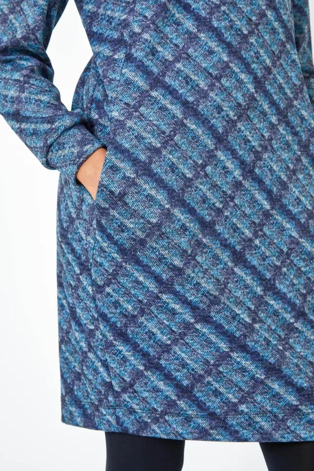 Women Blue Checked Cowl Neck Stretch Dress Roman Dresses