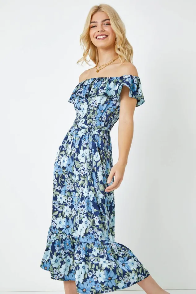 Women Blue Chiffon Ditsy Floral Bardot Midi Dress Roman Dresses