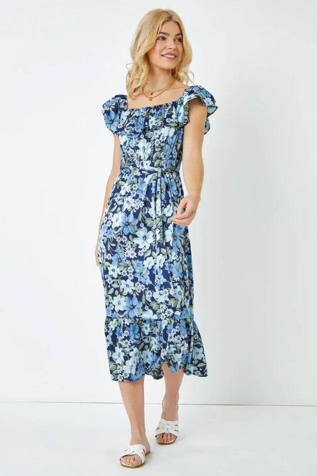 Women Blue Chiffon Ditsy Floral Bardot Midi Dress Roman Dresses
