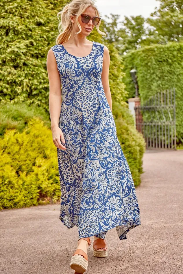 Women Blue Contrast Hanky Hem Asymmetric Midi Dress Roman Dresses